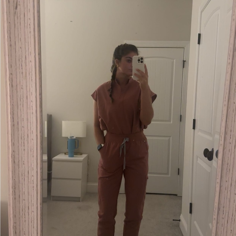 Figs Brown Jumpsuit with Collared Neckline and Belted Waist